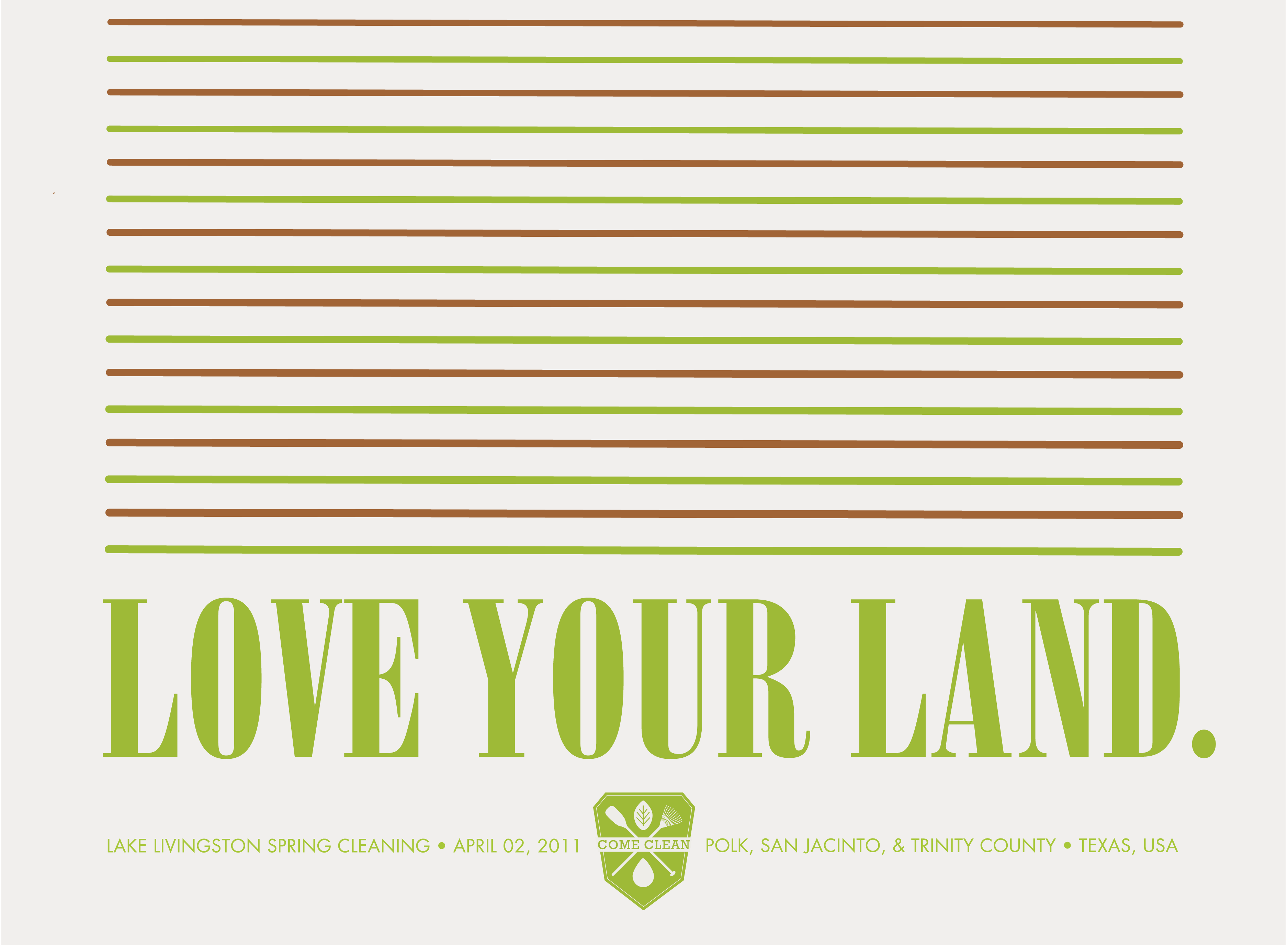 A closeup of the bottom of the Love Your Land poster, featuring straight green and brown lines of increasing thickness.