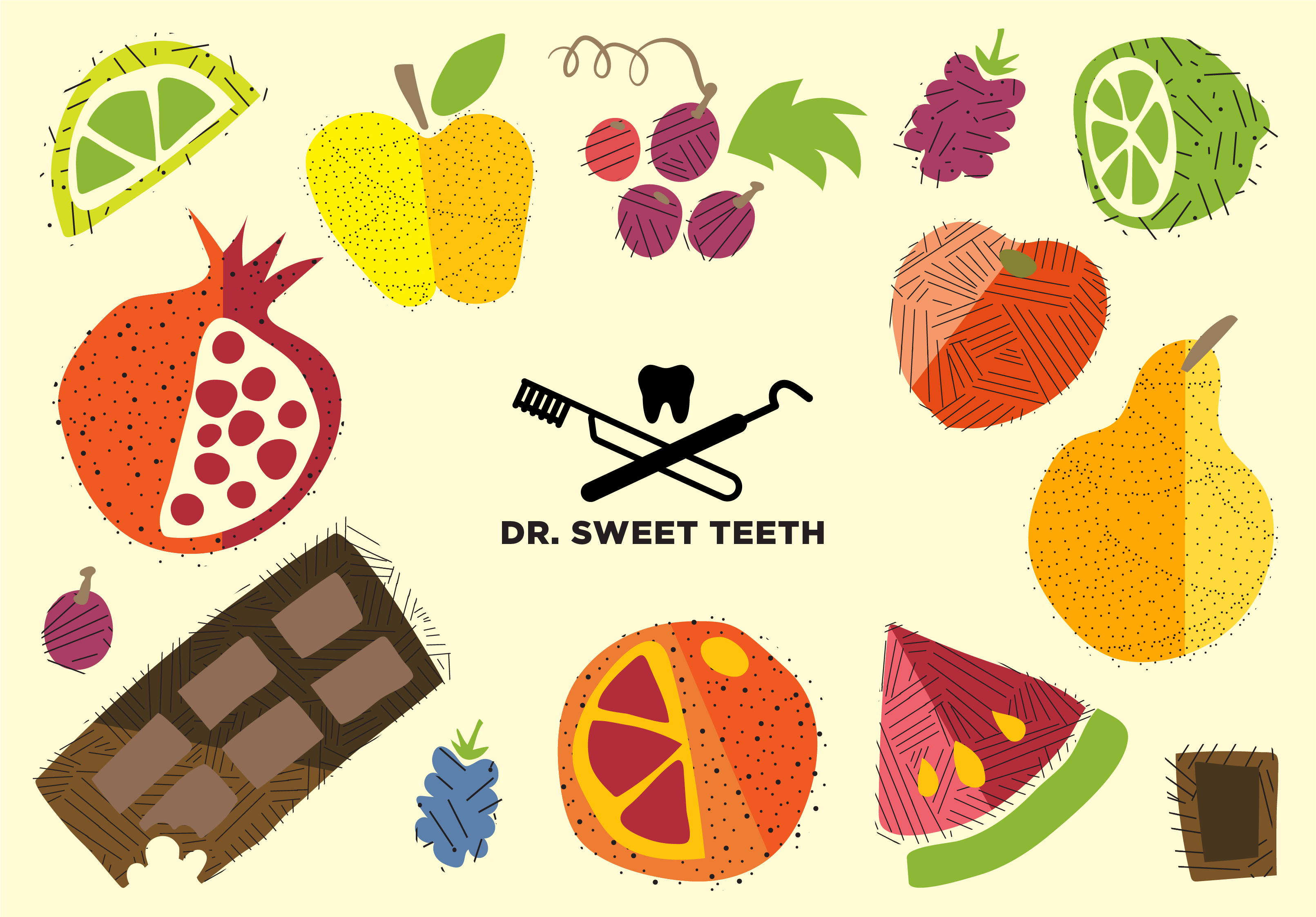 A closeup of the branding of Dr. Sweet Teeth with color illustrations and the logo. The logo features a toothbrush and dental pick overlapping in an "X" shape, below a tooth.