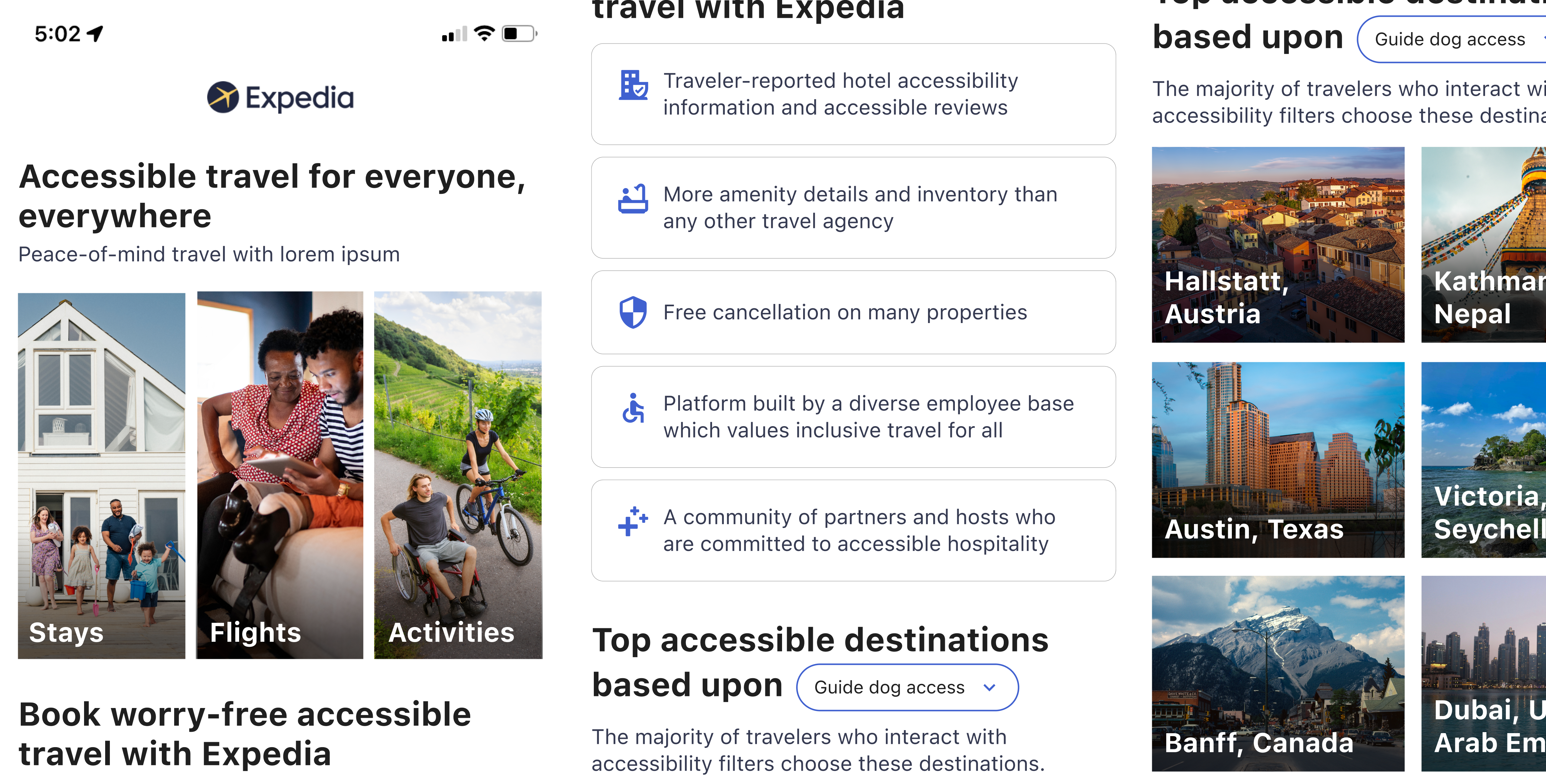 Mockups of Expedia's accessible landing page featuring images of travelers with varying disabilities interacting with each other or engaging in vacation activities.