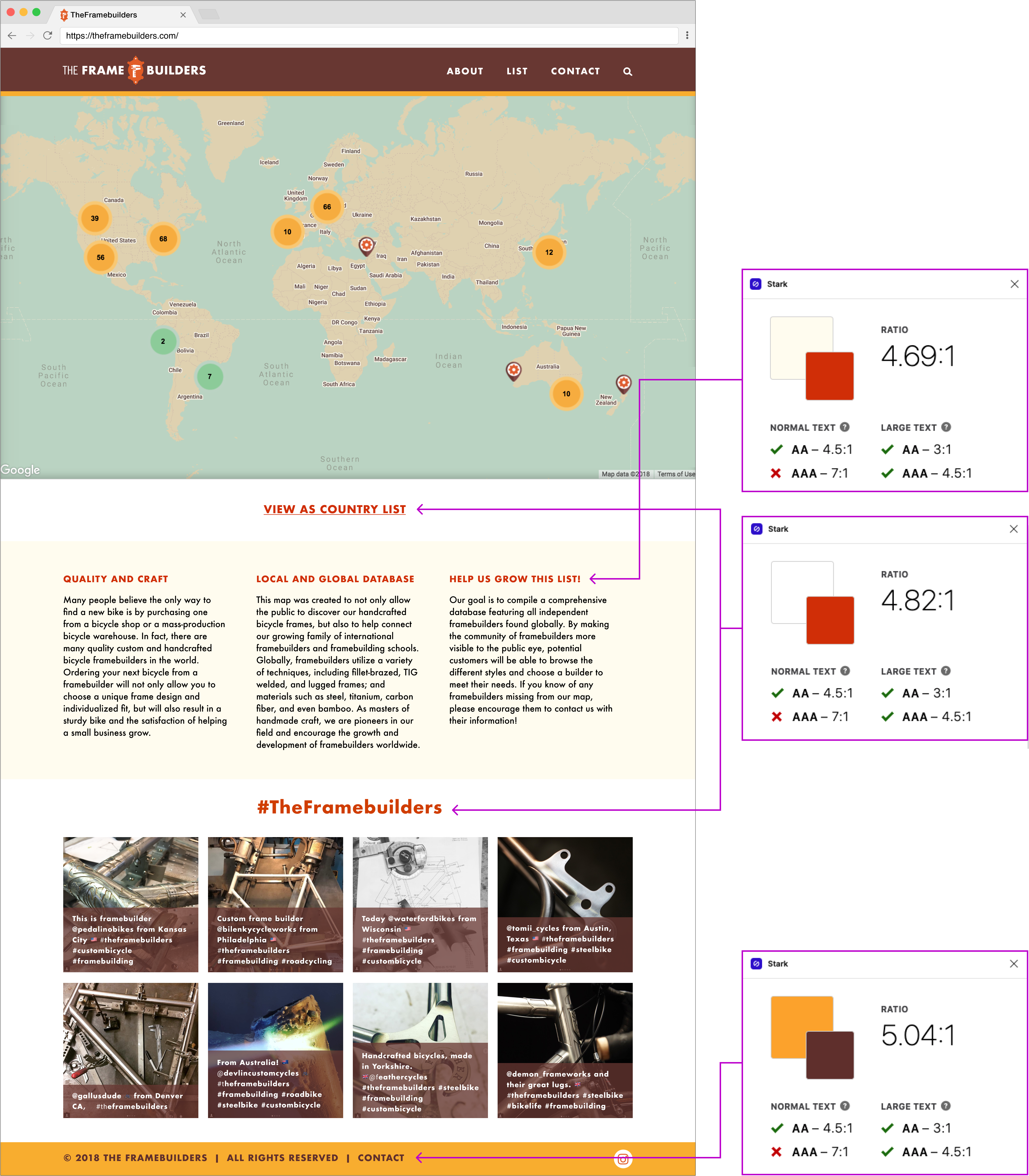 The Framebuilders website accessibility annotations depicting a successful color contrast. Screenshots from the Stark app show three successful combinations with ratios achieving 4.5:1 color contrast ratio.