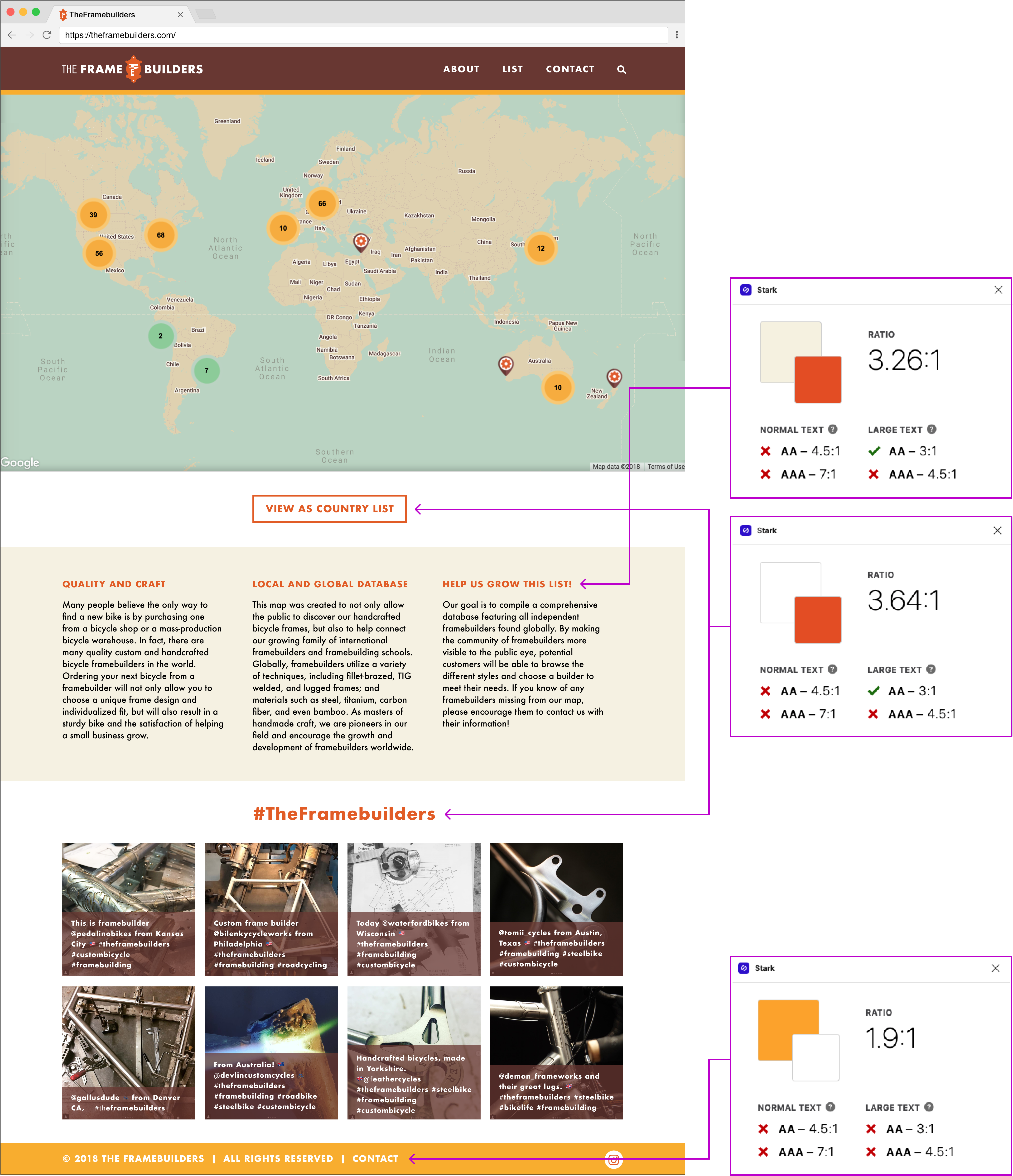 The Framebuilders website accessibility annotations depicting a failed color contrast. Screenshots from the Stark app show three failed combinations with ratios not achieving 4.5:1 color contrast ratio.