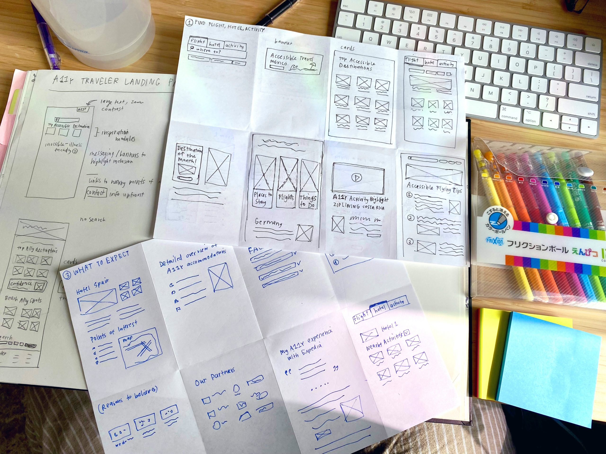 A sketchbook and loose papers with UX sketches sit on a desk next to a rainbow set of pens, sticky notes, and a Mac keyboard.