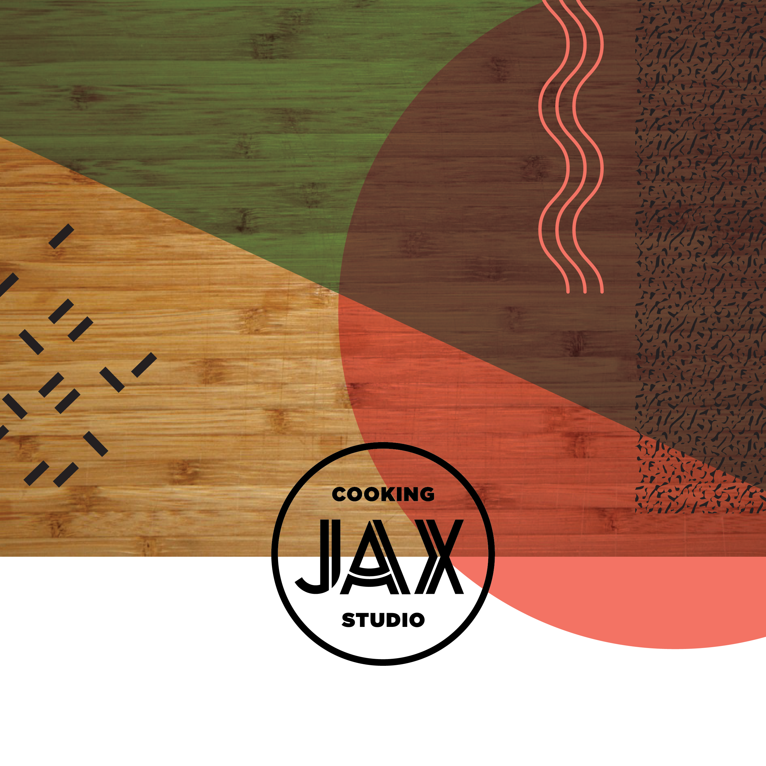 Logo of JAX Cooking Studio with the words in a black outlined circle. Pink and green graphics overlay a bamboo cutting board.