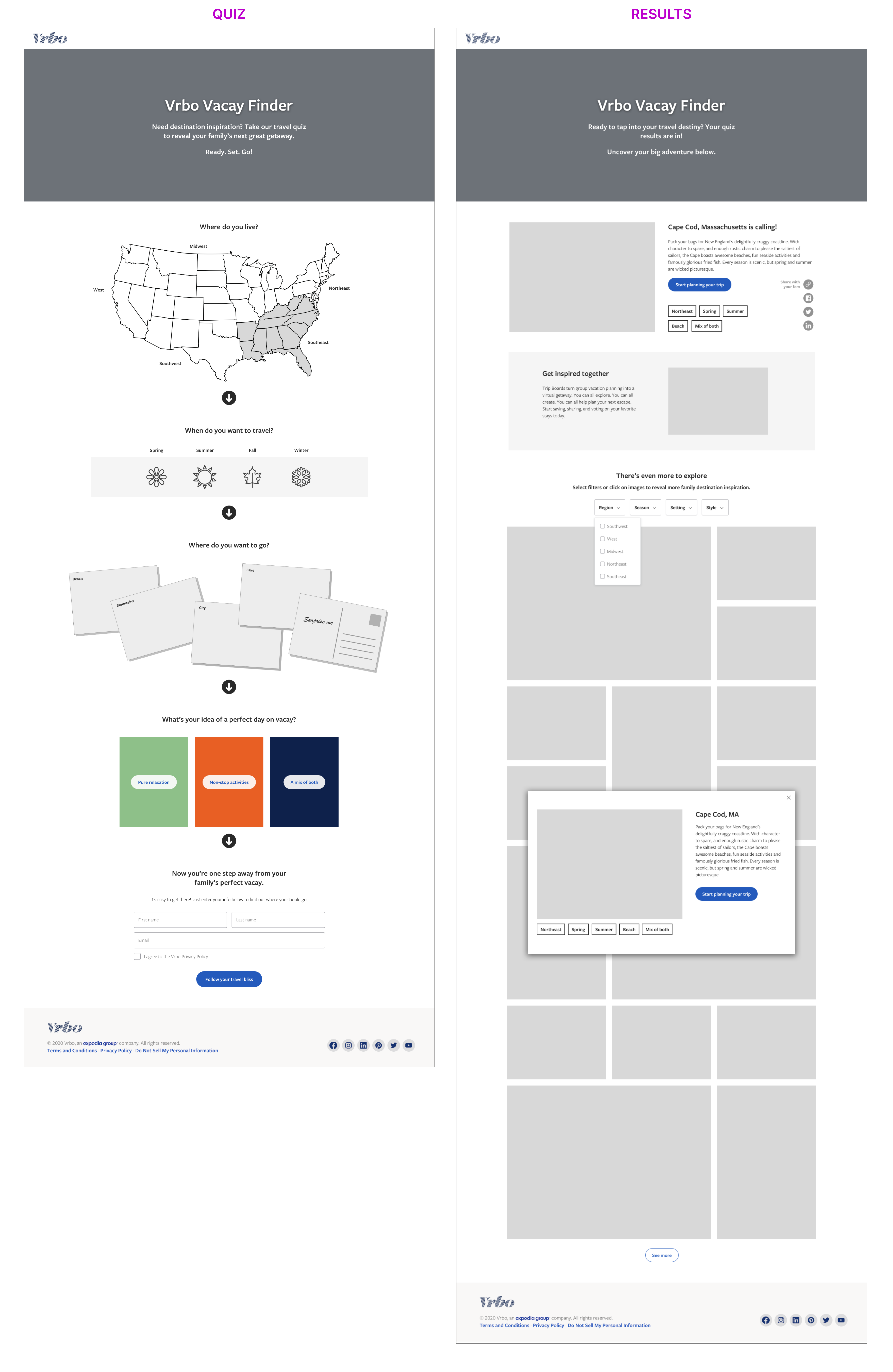 Desktop wireframes of the Vrbo Vacation Generator. The first screen shows the question flow. The second screen shows the results flow.