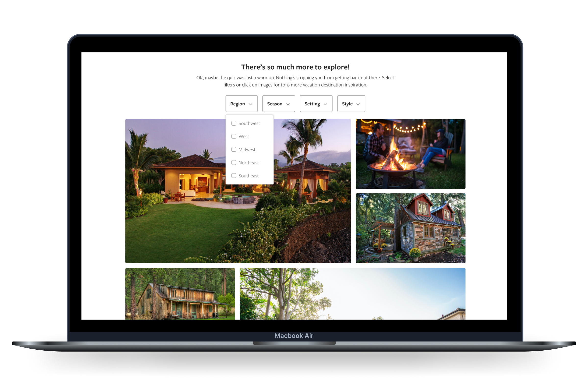 A mockup of the results filters functionality in a MacBook Air. There are four dropdown menus (Region, Season, Setting, Style) and various images of destinations.