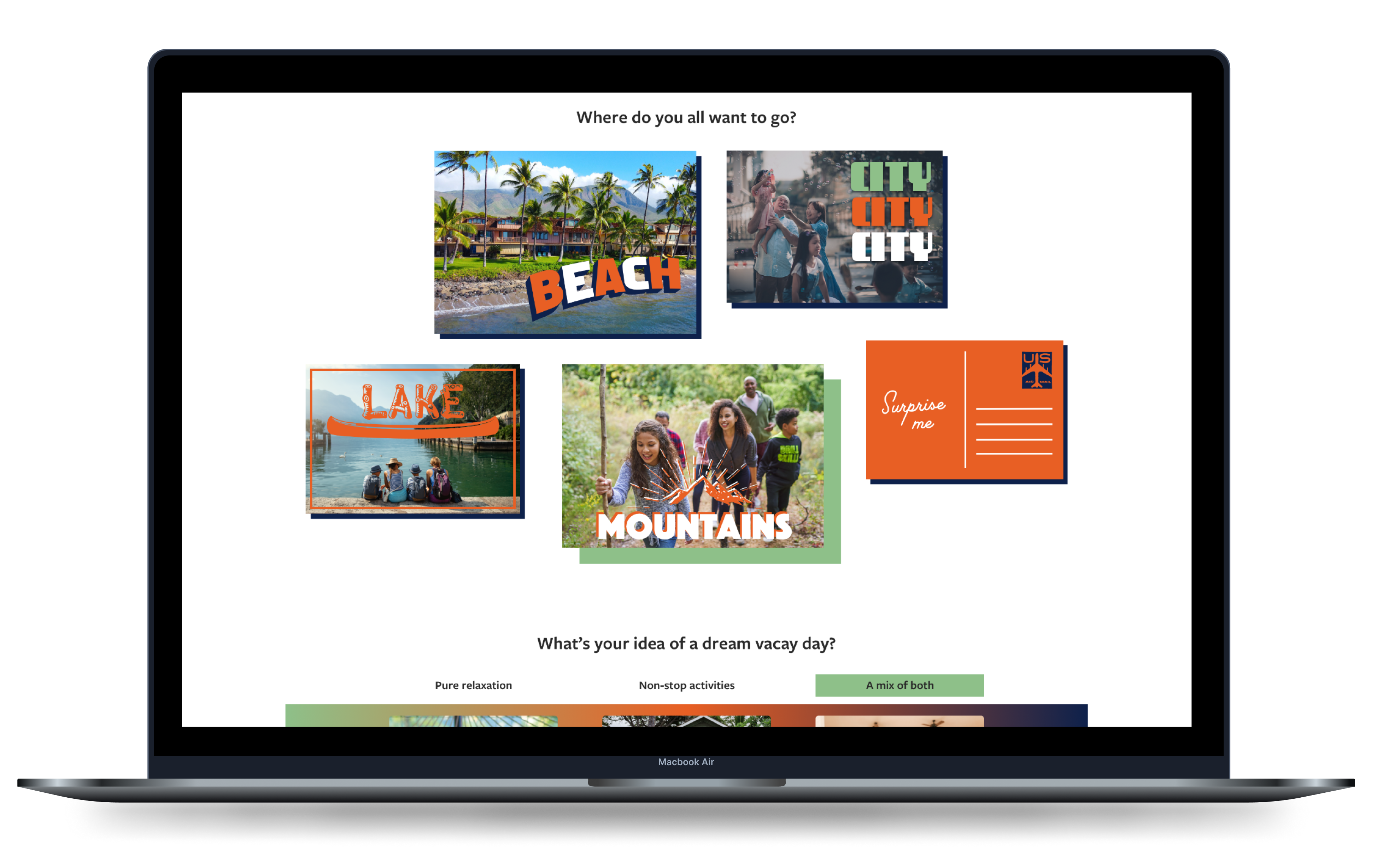 MacBook Air mockup of "Where do you all want to go?" section, featuring postcard-like buttons for "Beach," "City," "Lake," "Mountains," and "Surprise me."